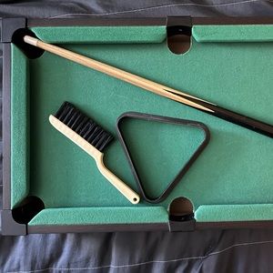 Tabletop pool table with balls, ball rack, felt brush and one stick